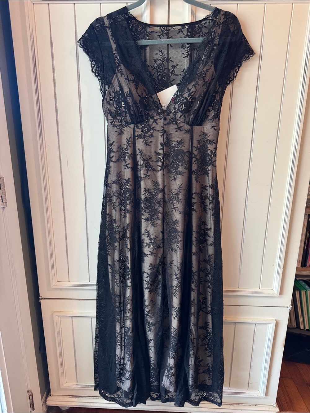 Black Lace Overlay Chemise Slip dress- Sheer Floral V-Neck fully lined